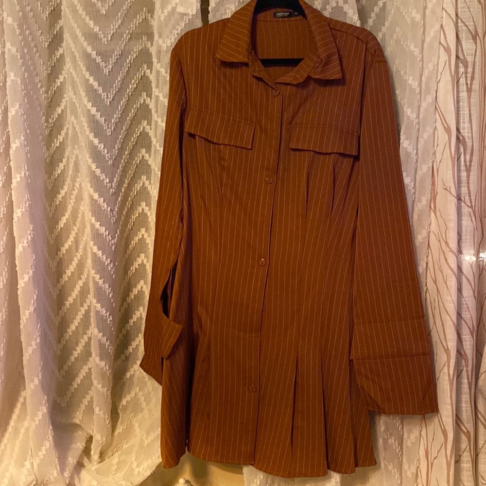 SHEIN Brown pinstripe button down dress